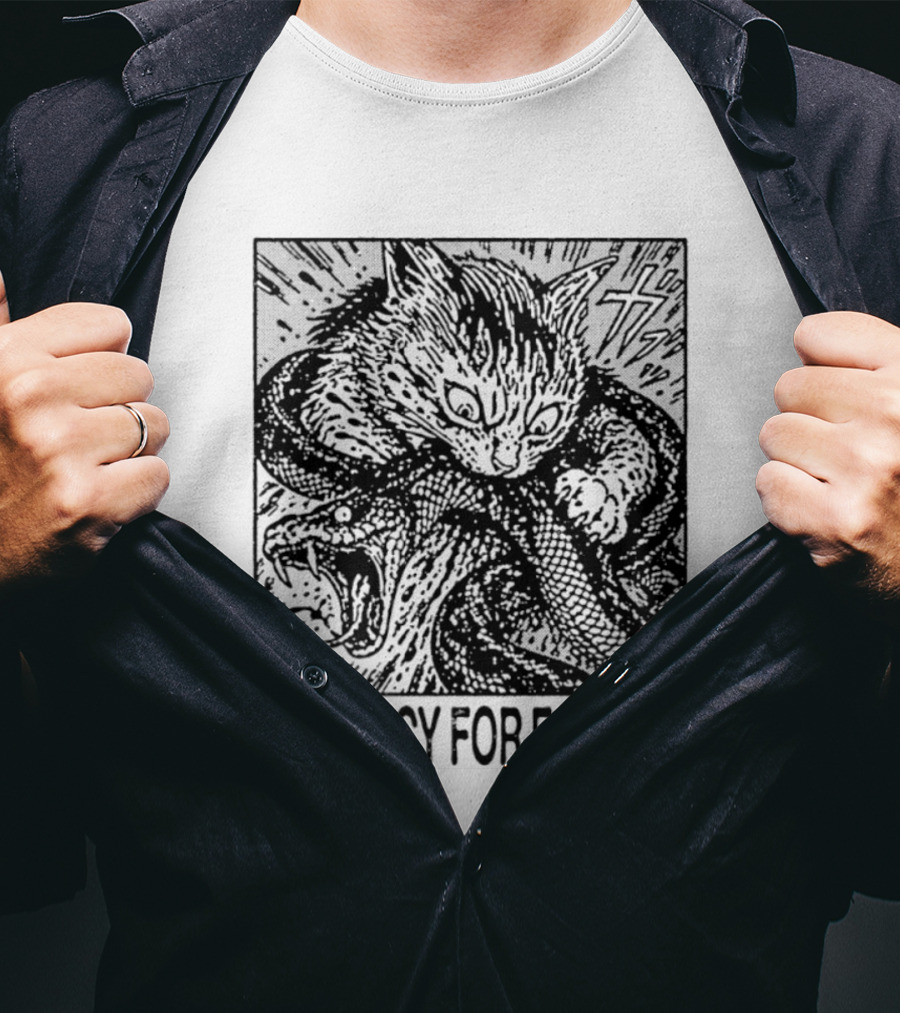 No Mercy For Fascism Cat Fighting Snake T-Shirt