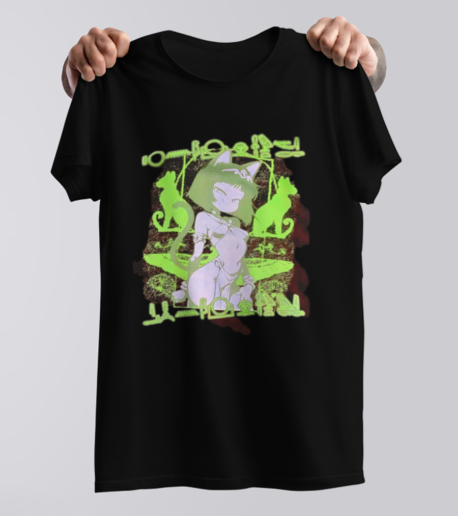 Anime Cat Girl Egyptian Hieroglyphics Neon Green Aesthetic T-Shirt
