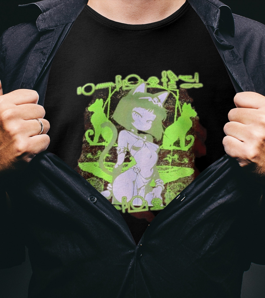 Anime Cat Girl Egyptian Hieroglyphics Neon Green Aesthetic T-Shirt
