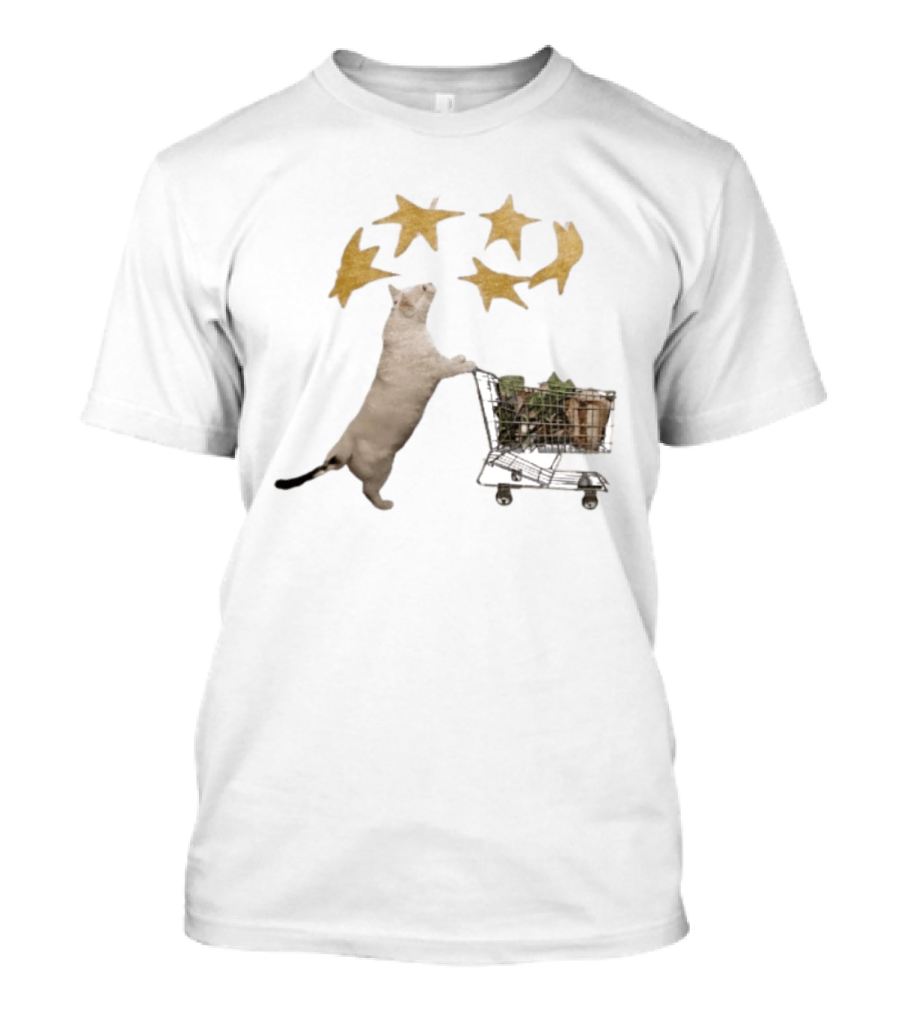 Cat Pushes Shopping Cart With Golden Stars Above T-Shirt