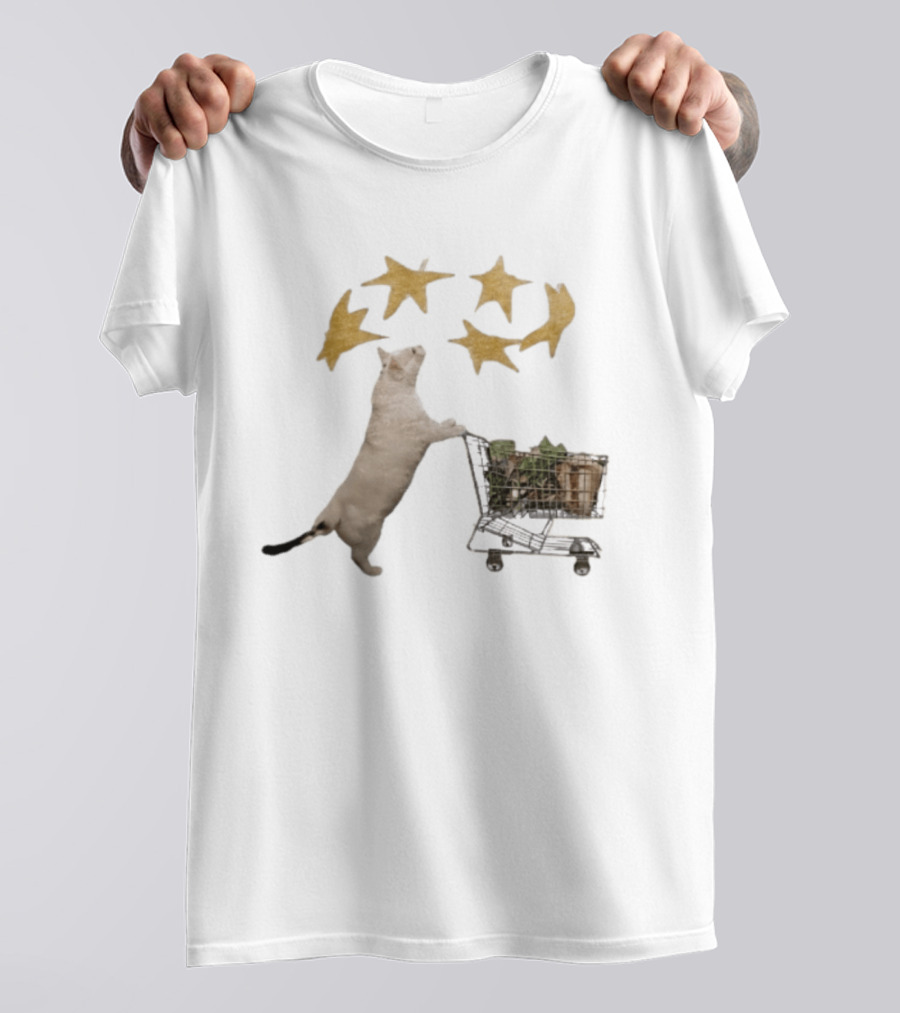 Cat Pushes Shopping Cart With Golden Stars Above T-Shirt