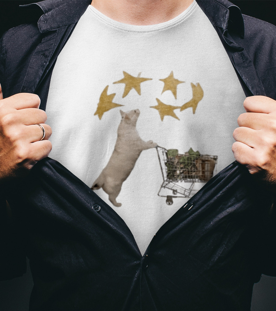 Cat Pushes Shopping Cart With Golden Stars Above T-Shirt
