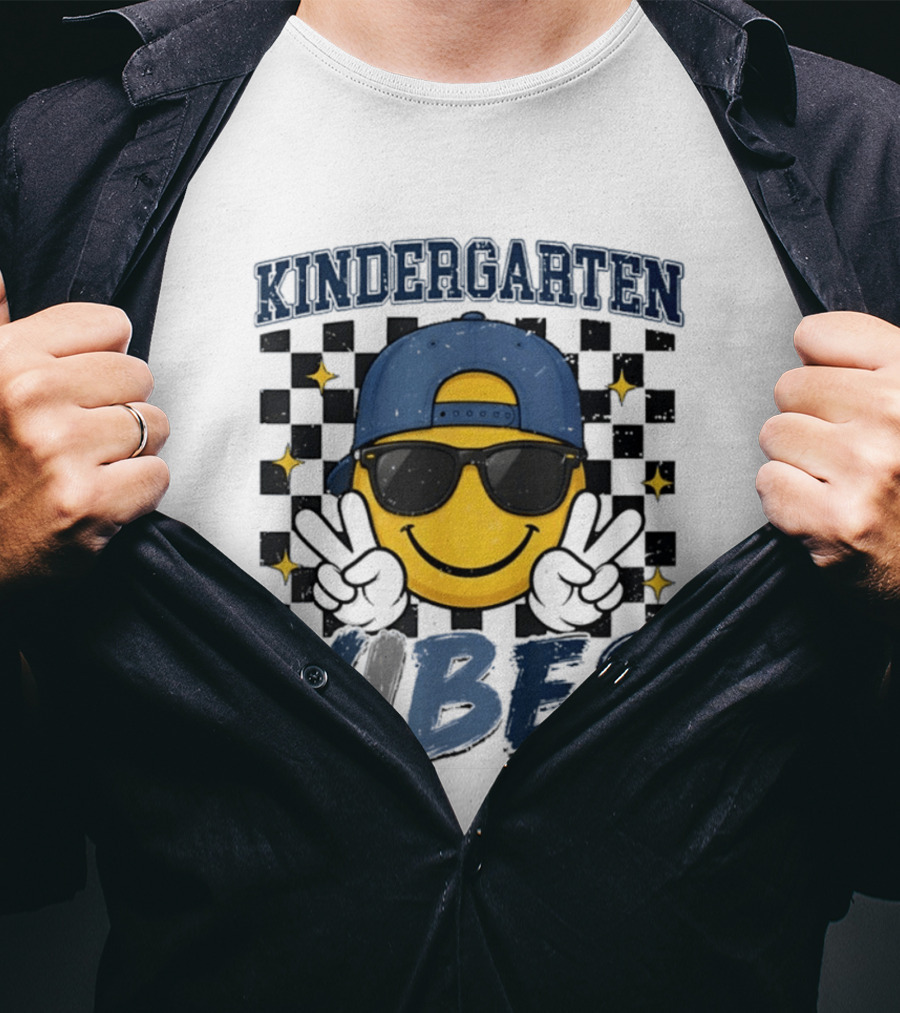 Kindergarten Vibes Smiley Face Sunglasses Peace Sign Checkered T-Shirt
