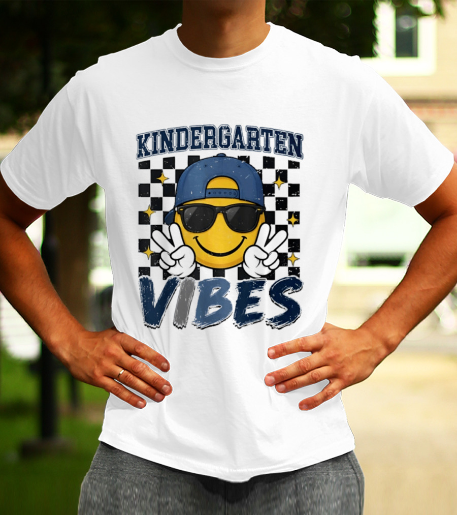Kindergarten Vibes Smiley Face Sunglasses Peace Sign Checkered T-Shirt