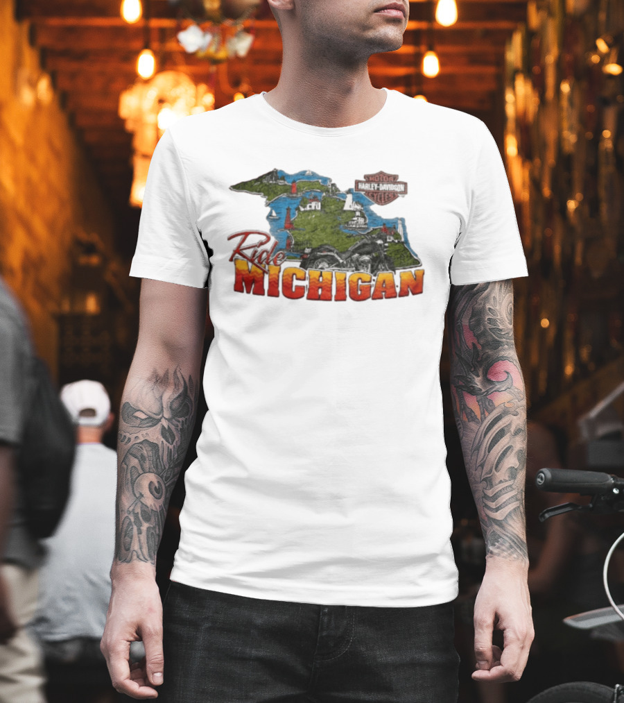 Ride Michigan Harley Davidson Motor Cycles Island Map And Lighthouse T-Shirt