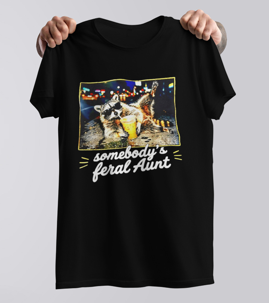 Somebody's Feral Aunt Raccoon Iced Coffee Street Scene T-Shirt