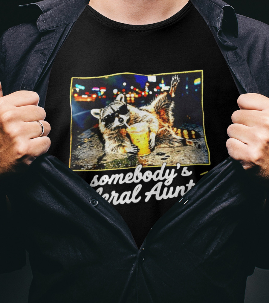 Somebody's Feral Aunt Raccoon Iced Coffee Street Scene T-Shirt