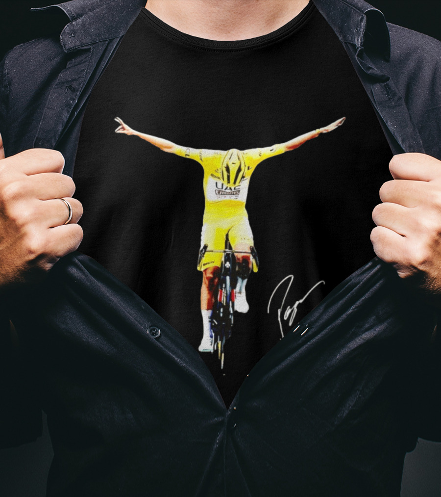 Tadej Pogacar UAE Team Yellow Jersey Victory Celebration T-Shirt