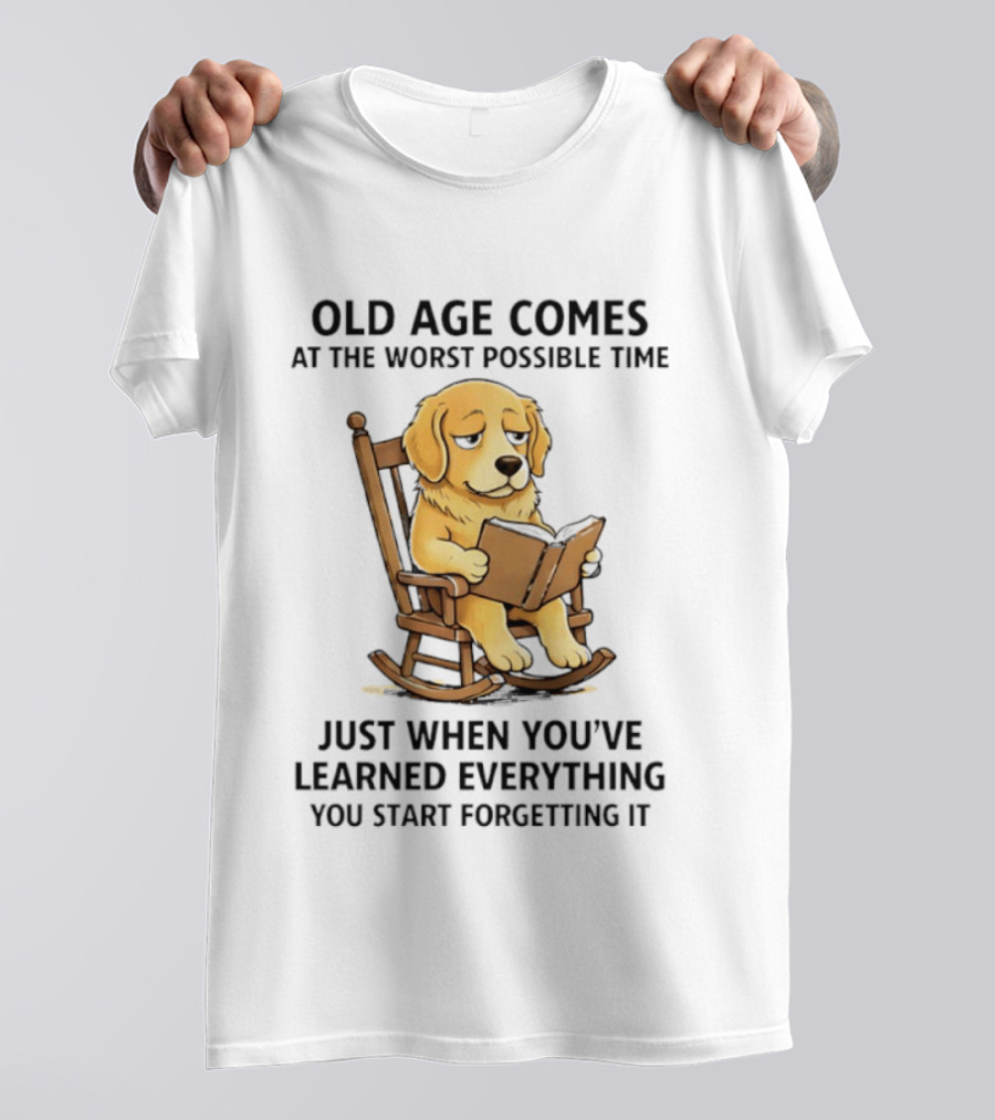 Golden Retriever Reading In Rocking Chair Old Age Humor T-Shirt