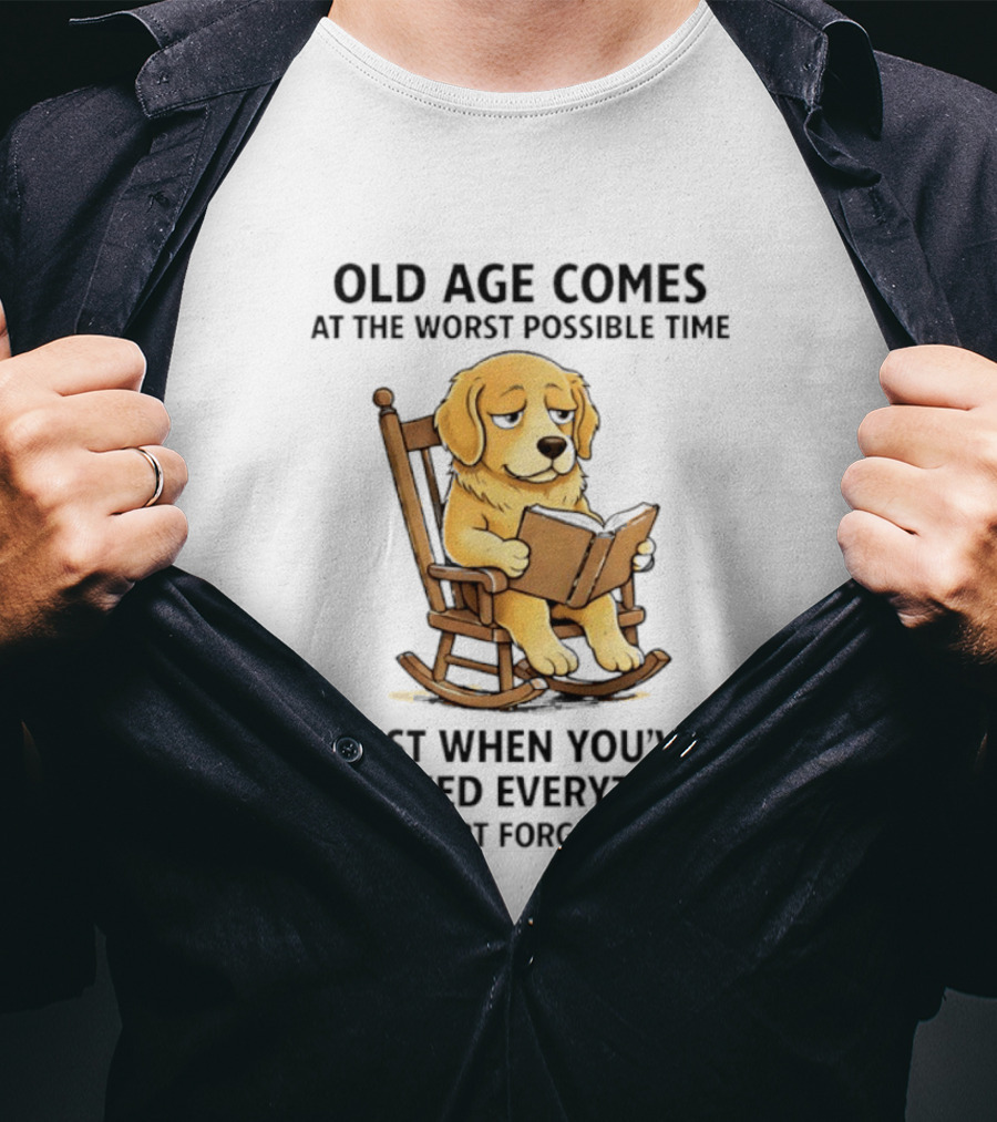 Golden Retriever Reading In Rocking Chair Old Age Humor T-Shirt