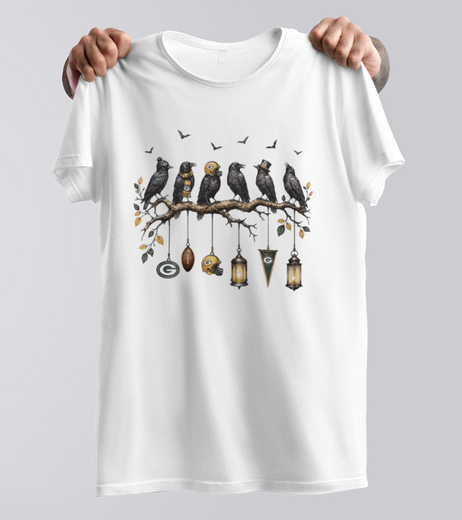 Green Bay Packers Fall Football Ravens On Branch With Leaves And Helmets T-Shirt