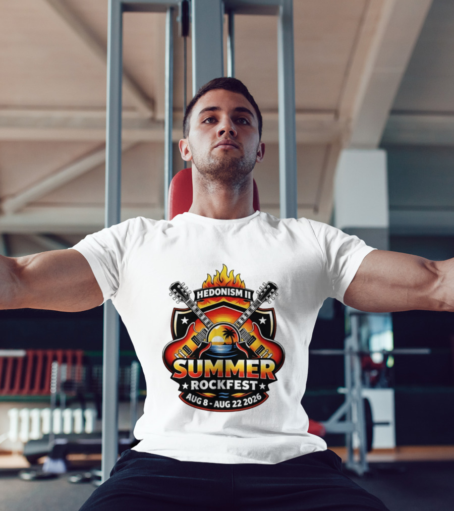 Hedonism II Summer Rockfest August 8 22 2026 Guitars Sunset Palms Fire T-Shirt