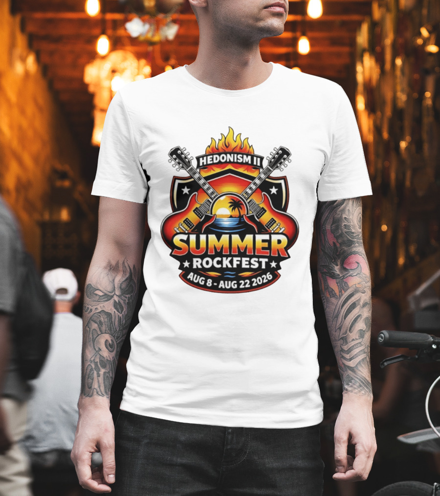 Hedonism II Summer Rockfest August 8 22 2026 Guitars Sunset Palms Fire T-Shirt