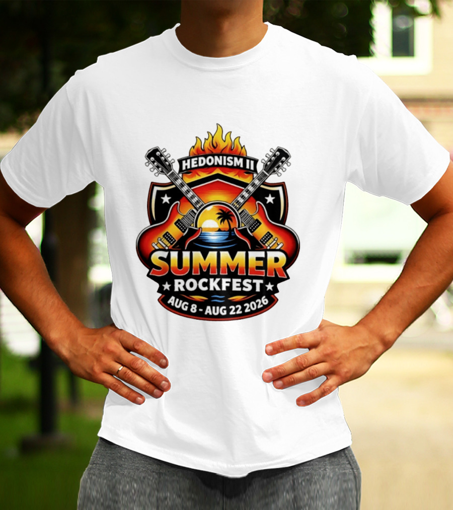 Hedonism II Summer Rockfest August 8 22 2026 Guitars Sunset Palms Fire T-Shirt
