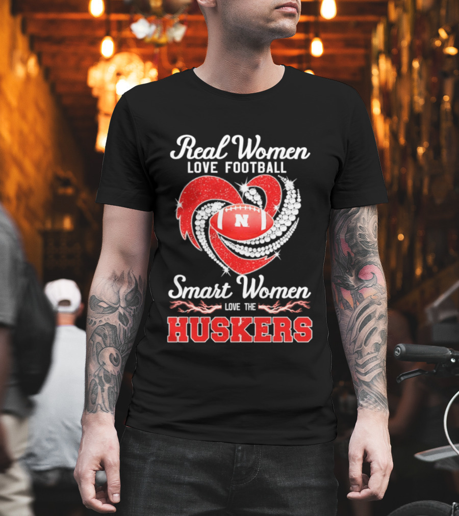 Real Women Love Football Smart Women Love The Nebraska Huskers Football Heart T-Shirt