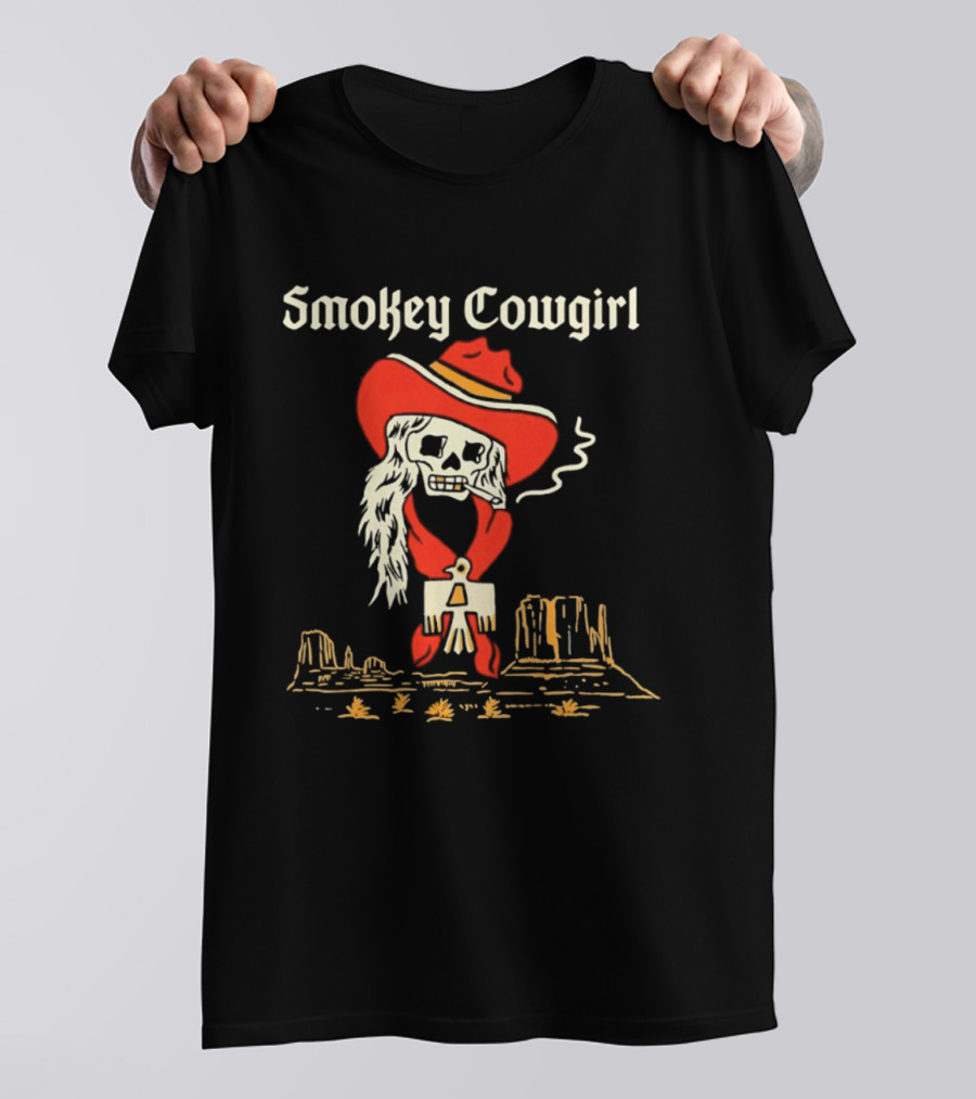 Smokey Cowgirl Western Skeleton Cowboy Desert Scene T-Shirt