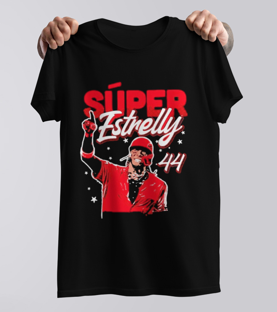Súper Estrelly 44 Red Baseball Celebration Hero T-Shirt