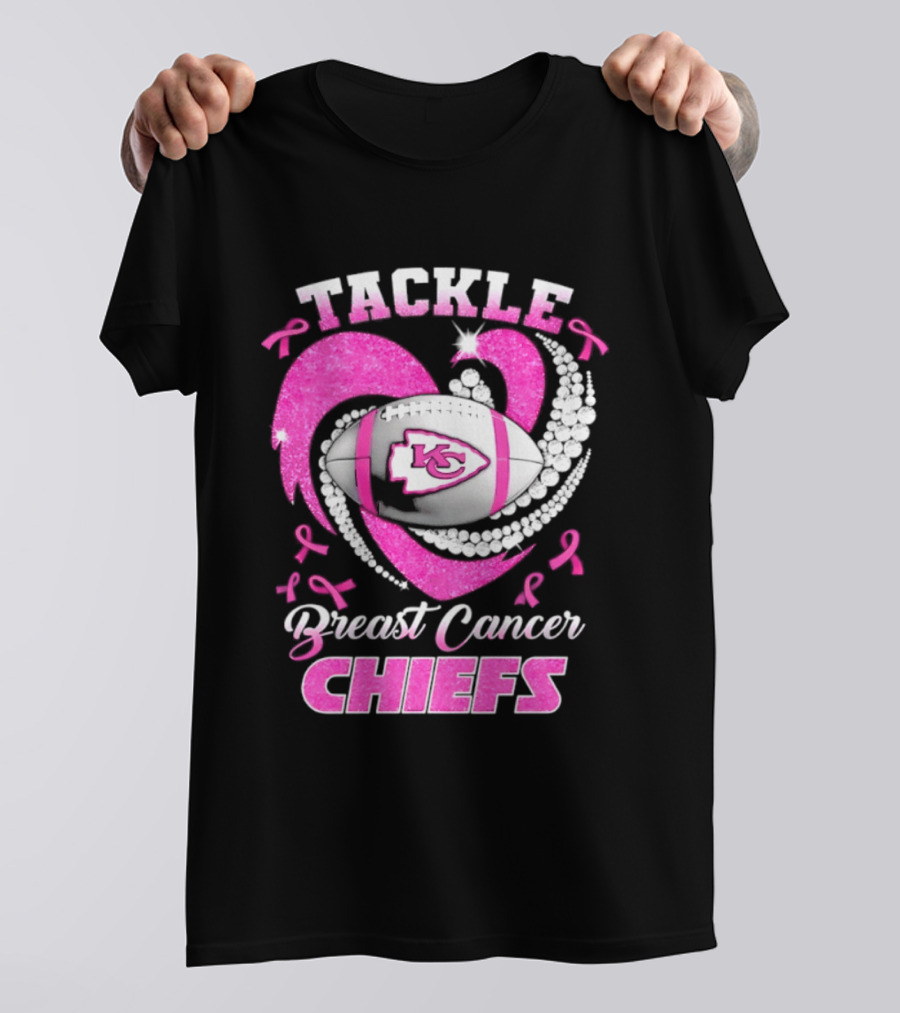 Tackle Breast Cancer Kansas City Chiefs Pink Ribbon Football Heart T-Shirt