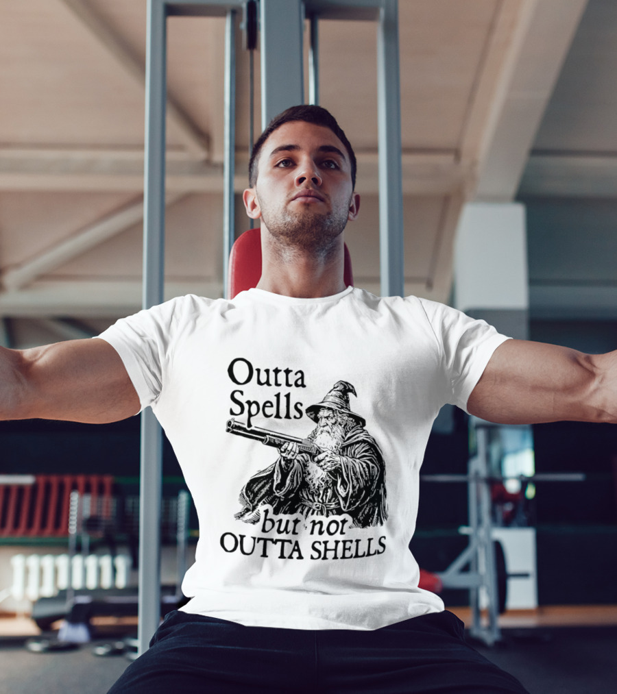 Outta Spells But Not Outta Shells Wizard With Shotgun T-Shirt