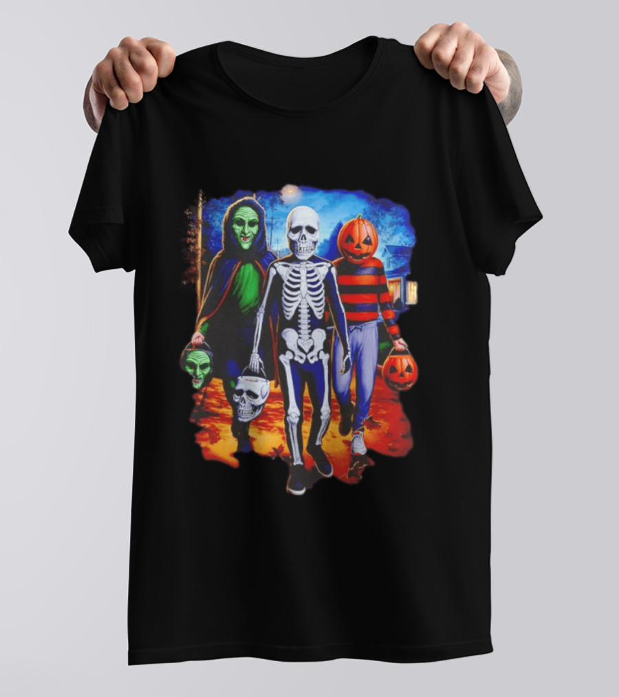 2026 Halloween Trick Or Treat Trio Skeleton Witch Pumpkin Night T-Shirt