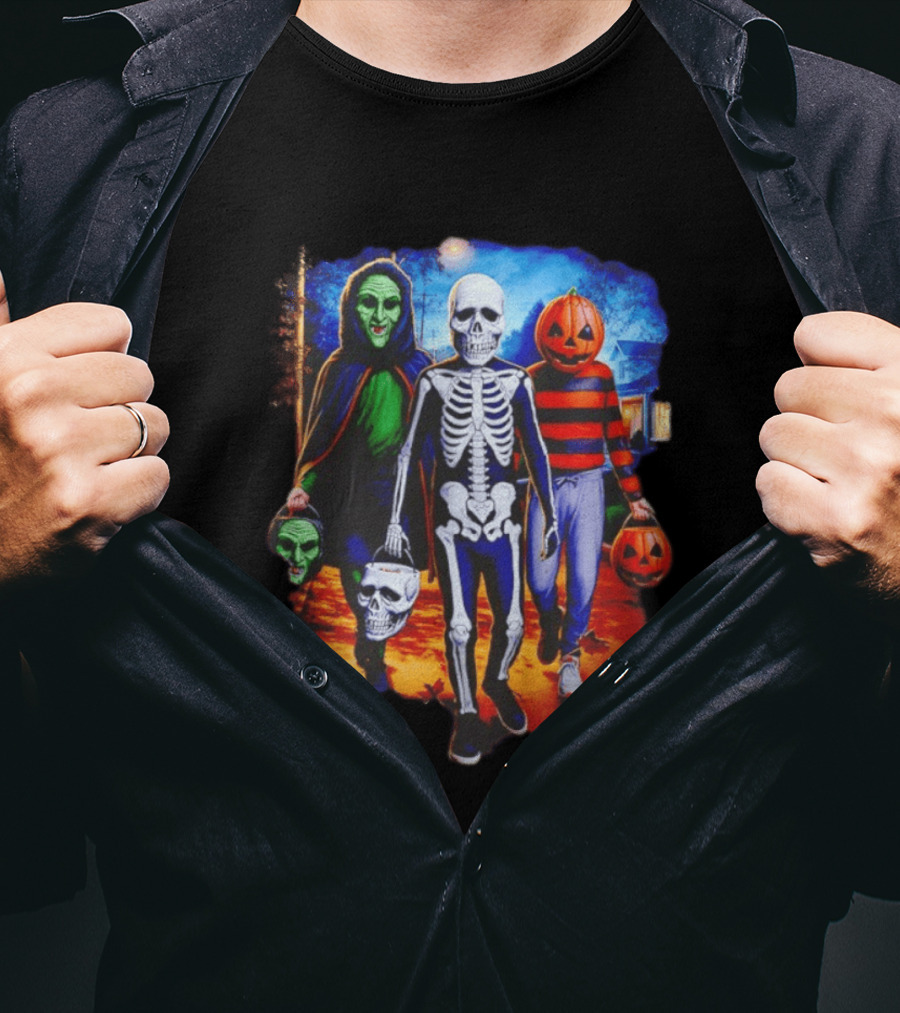 2026 Halloween Trick Or Treat Trio Skeleton Witch Pumpkin Night T-Shirt