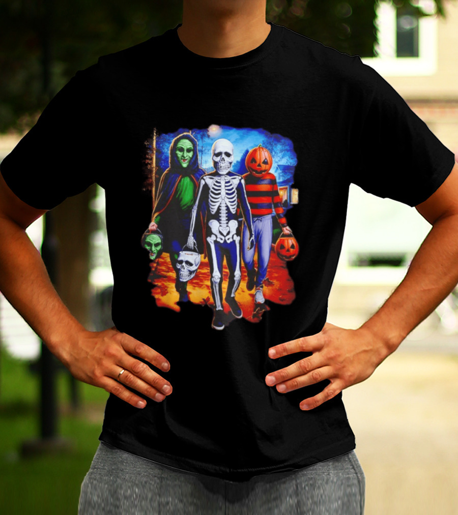 2026 Halloween Trick Or Treat Trio Skeleton Witch Pumpkin Night T-Shirt