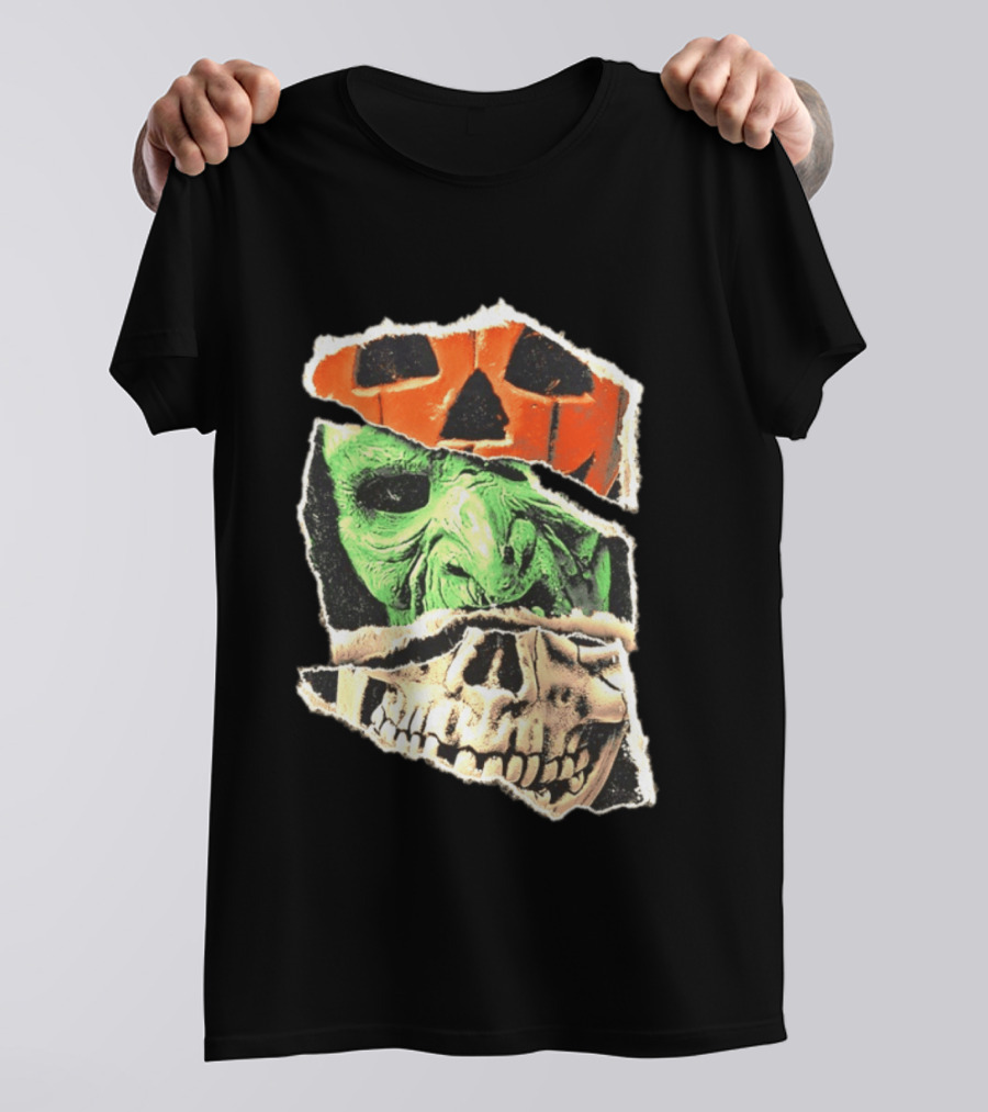 Halloween Trio Three Masks Horror Season Of The Witch Pumpkin Skull Green Mask T-Shirt