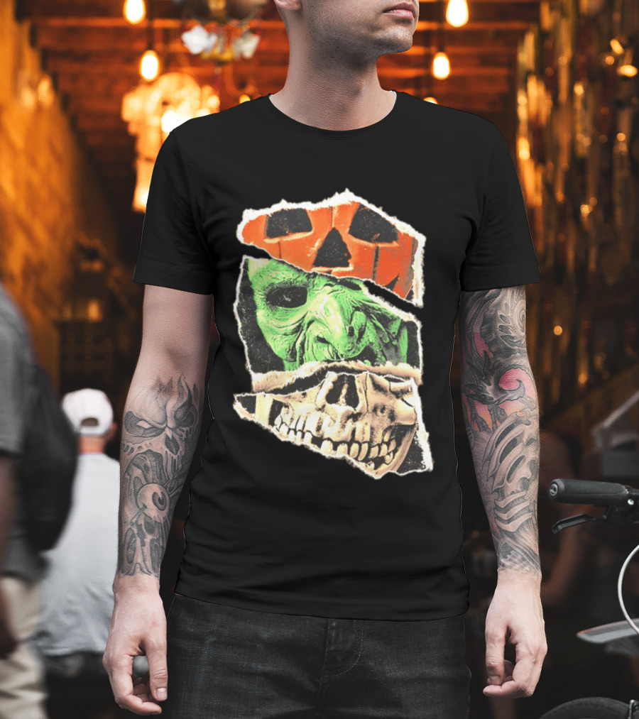 Halloween Trio Three Masks Horror Season Of The Witch Pumpkin Skull Green Mask T-Shirt