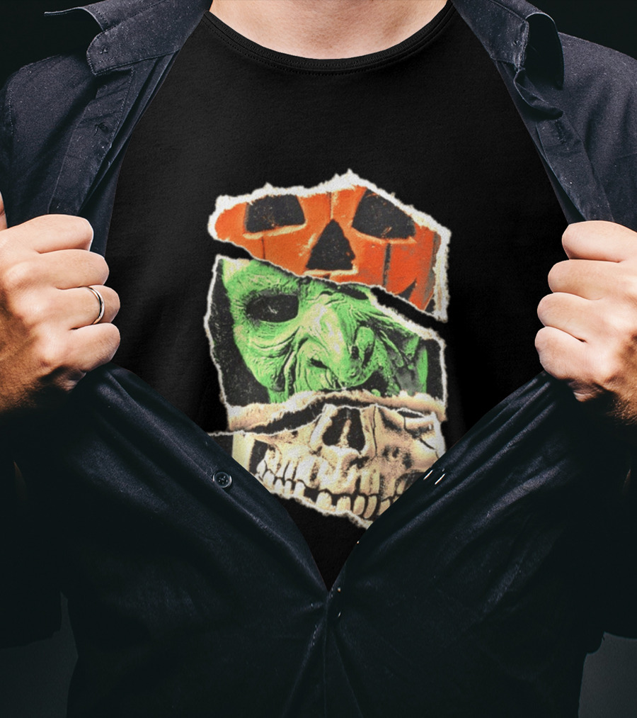 Halloween Trio Three Masks Horror Season Of The Witch Pumpkin Skull Green Mask T-Shirt