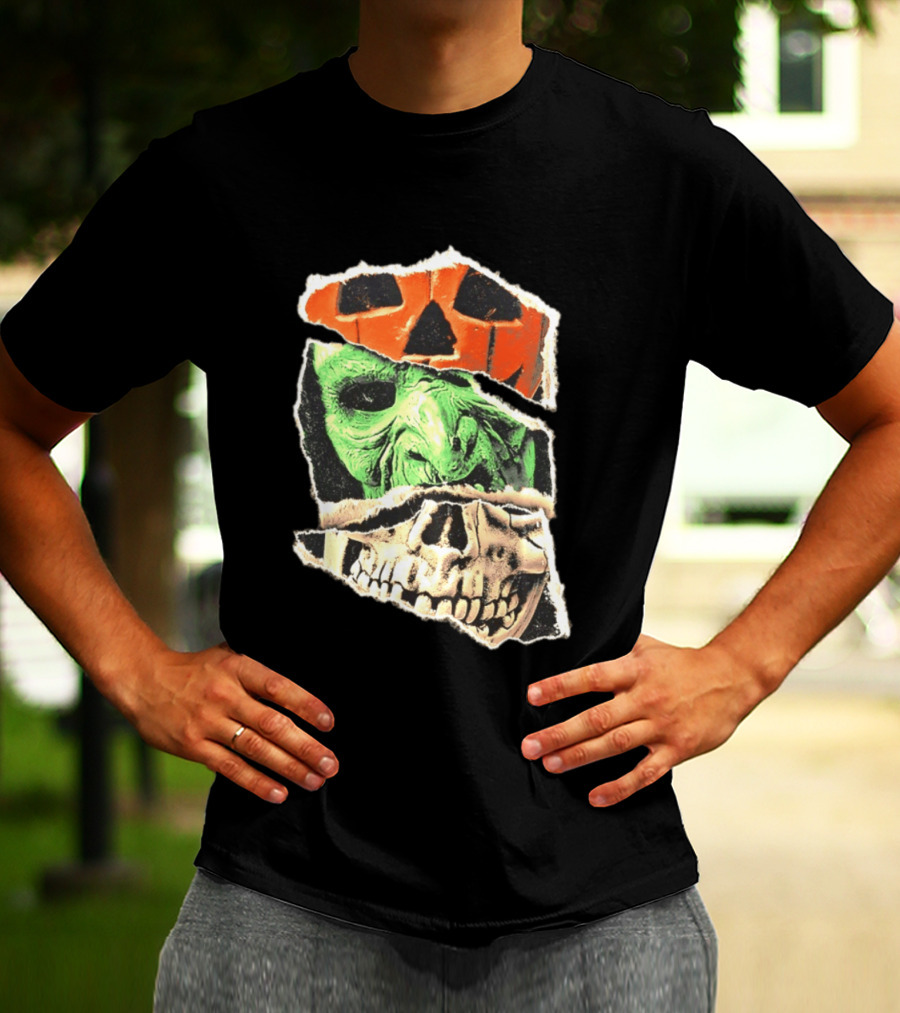Halloween Trio Three Masks Horror Season Of The Witch Pumpkin Skull Green Mask T-Shirt