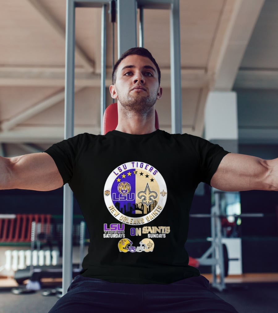 LSU Tigers New Orleans Saints Skyline Helmet Celebration Saturdays Sundays T-Shirt