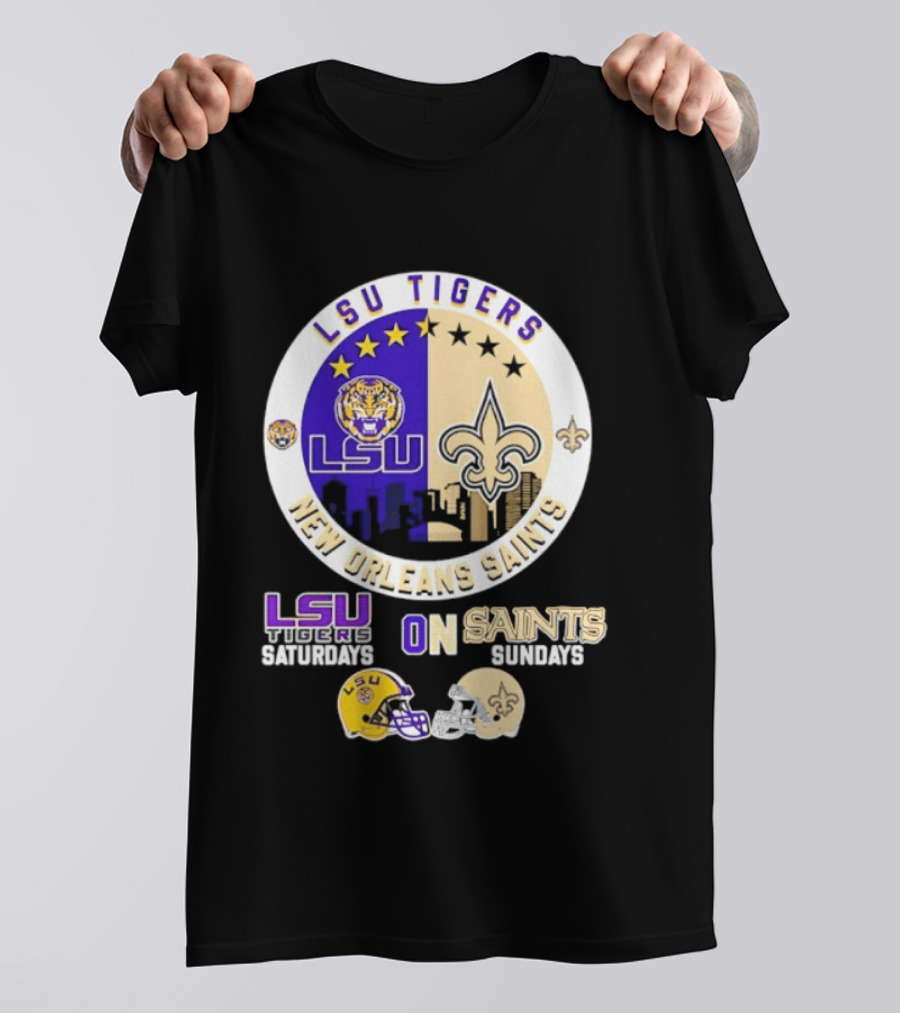 LSU Tigers New Orleans Saints Skyline Helmet Celebration Saturdays Sundays T-Shirt