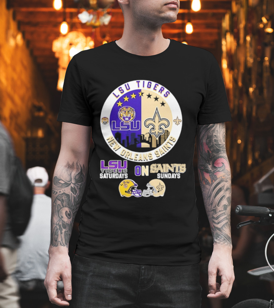 LSU Tigers New Orleans Saints Skyline Helmet Celebration Saturdays Sundays T-Shirt