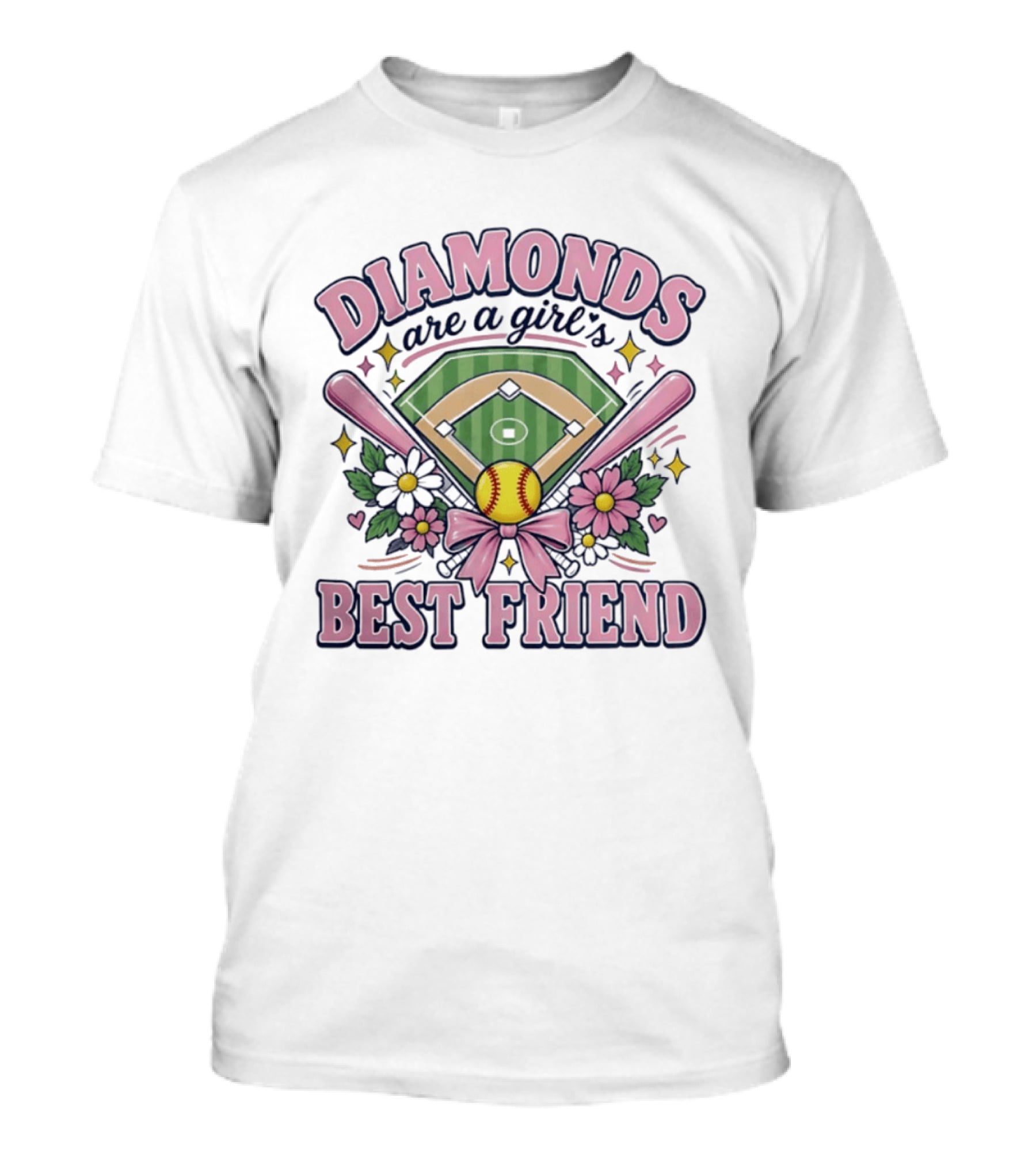 Diamonds Are A Girl's Best Friend Softball Field Pink Bats Floral Stars T-Shirt