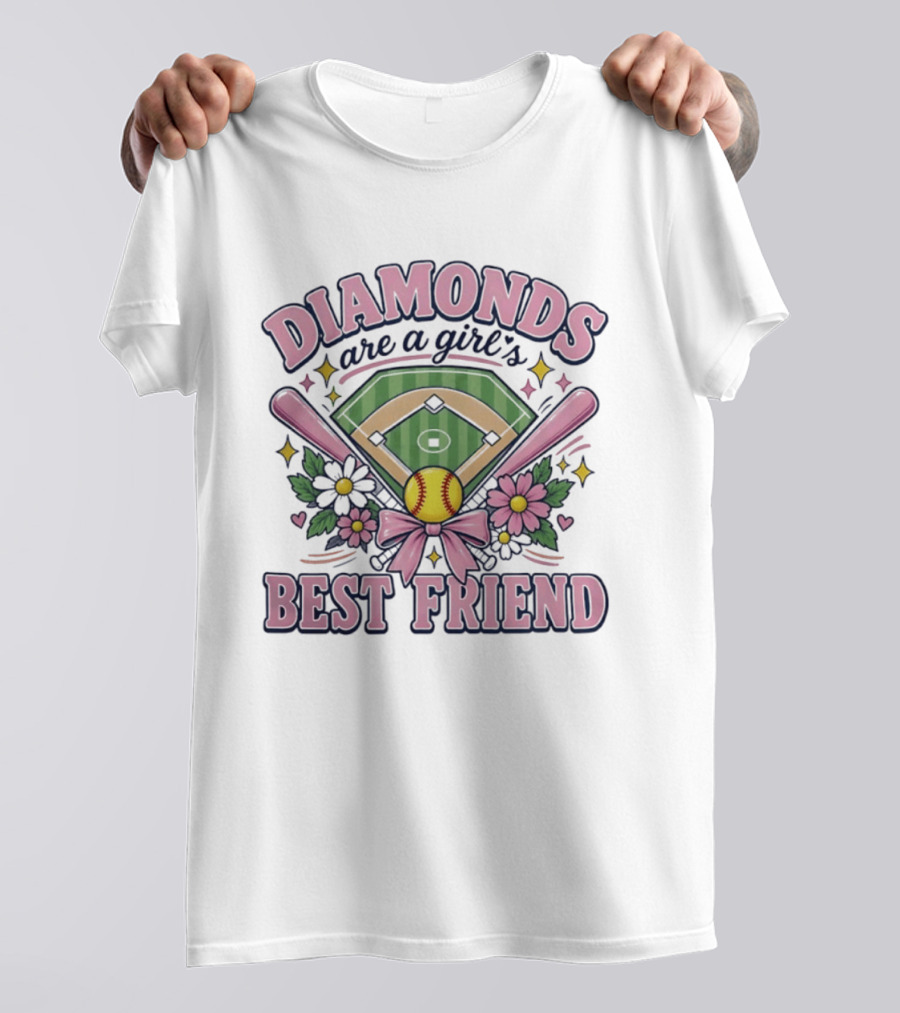 Diamonds Are A Girl's Best Friend Softball Field Pink Bats Floral Stars T-Shirt