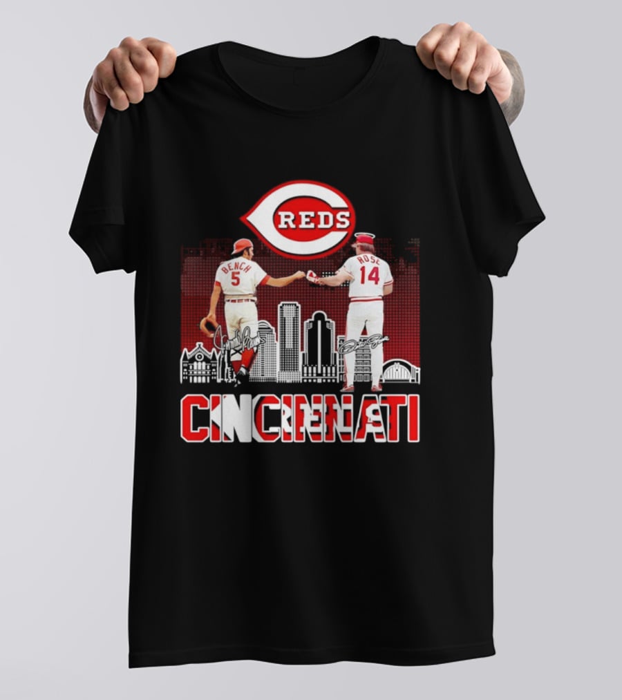 Cincinnati Reds Bench And Rose Skyline Signatures T-Shirt