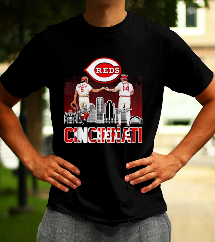 Cincinnati Reds Bench And Rose Skyline Signatures T-Shirt