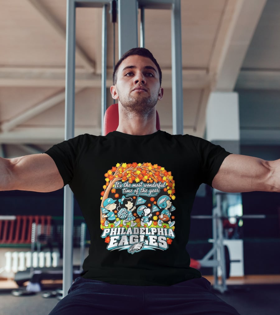 Philadelphia Eagles Peanuts Characters Autumn It's The Most Wonderful Time Of The Year T-Shirt