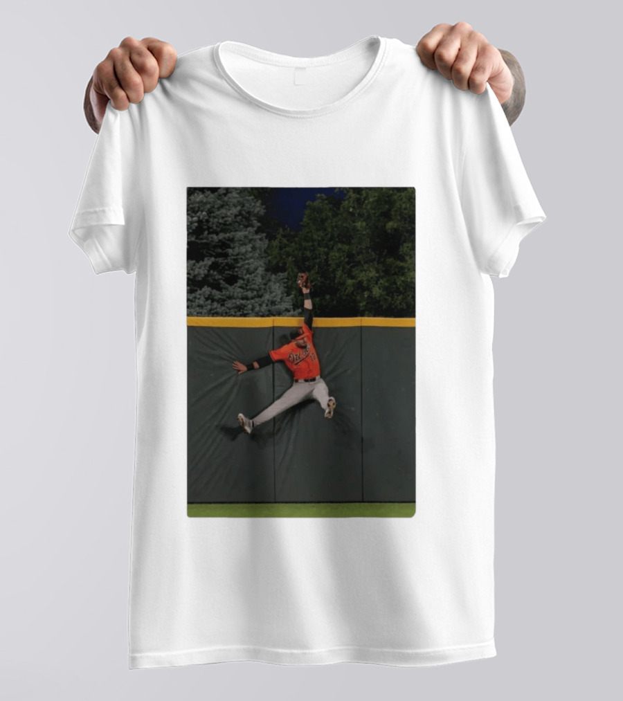 Colton Cowser Catch At Wall Wearing Red O's Jersey In Field Action T-Shirt