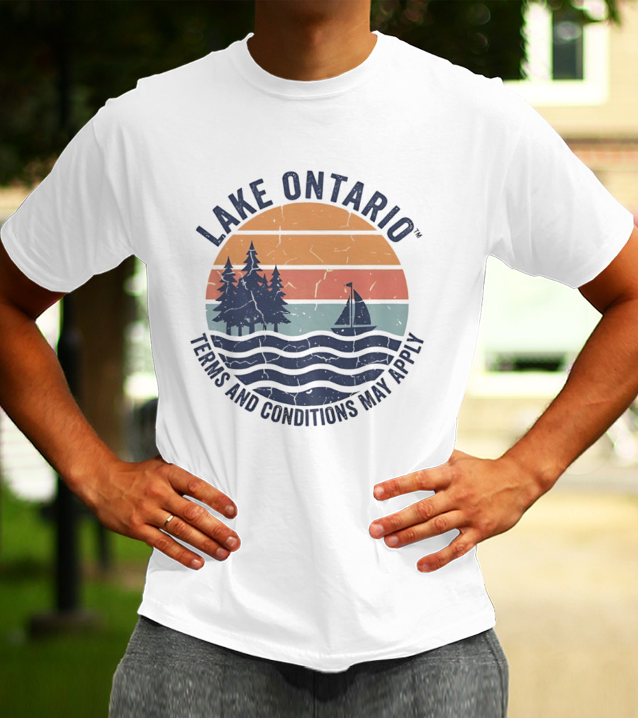 Lake Ontario Terms And Conditions May Apply Sunset Scene With Sailboat And Trees T-Shirt