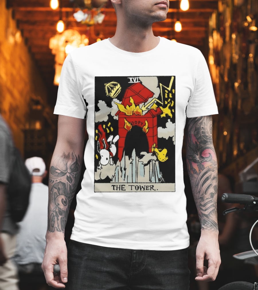Snoopy The Tower Tarot Card XVII Lightning Flames Clouds Woodstock T-Shirt