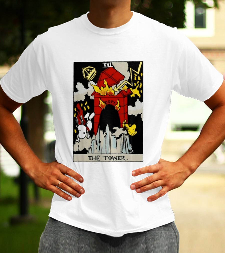 Snoopy The Tower Tarot Card XVII Lightning Flames Clouds Woodstock T-Shirt