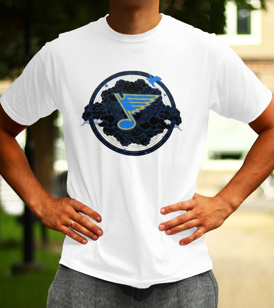 STL Blues Fourth Wing Night 2026 Circle Blue Emblem With Musical Note And Clouds T-Shirt
