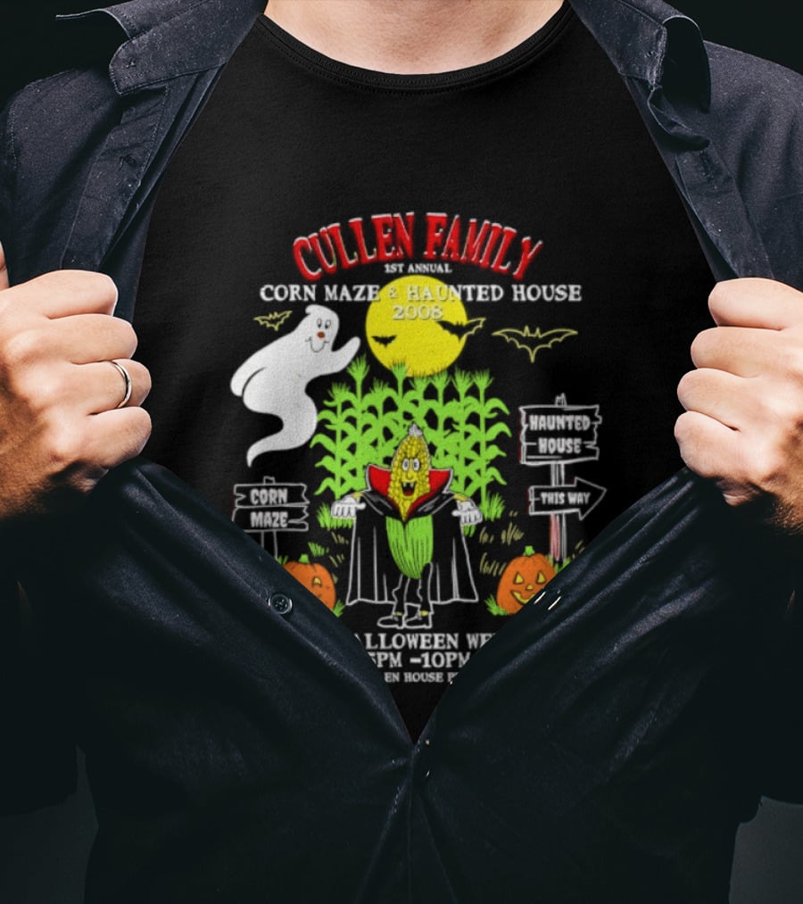 Cullen Family 1st Annual Corn Maze And Haunted House 2008 Halloween Weekend Event Promo With Ghosts And Pumpkins T-Shirt