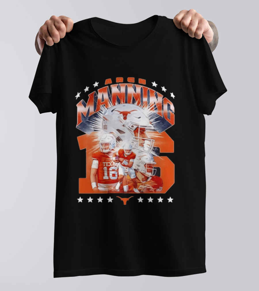 Texas Longhorns Arch Manning NCAA Football Collage Star Player Number 16 T-Shirt