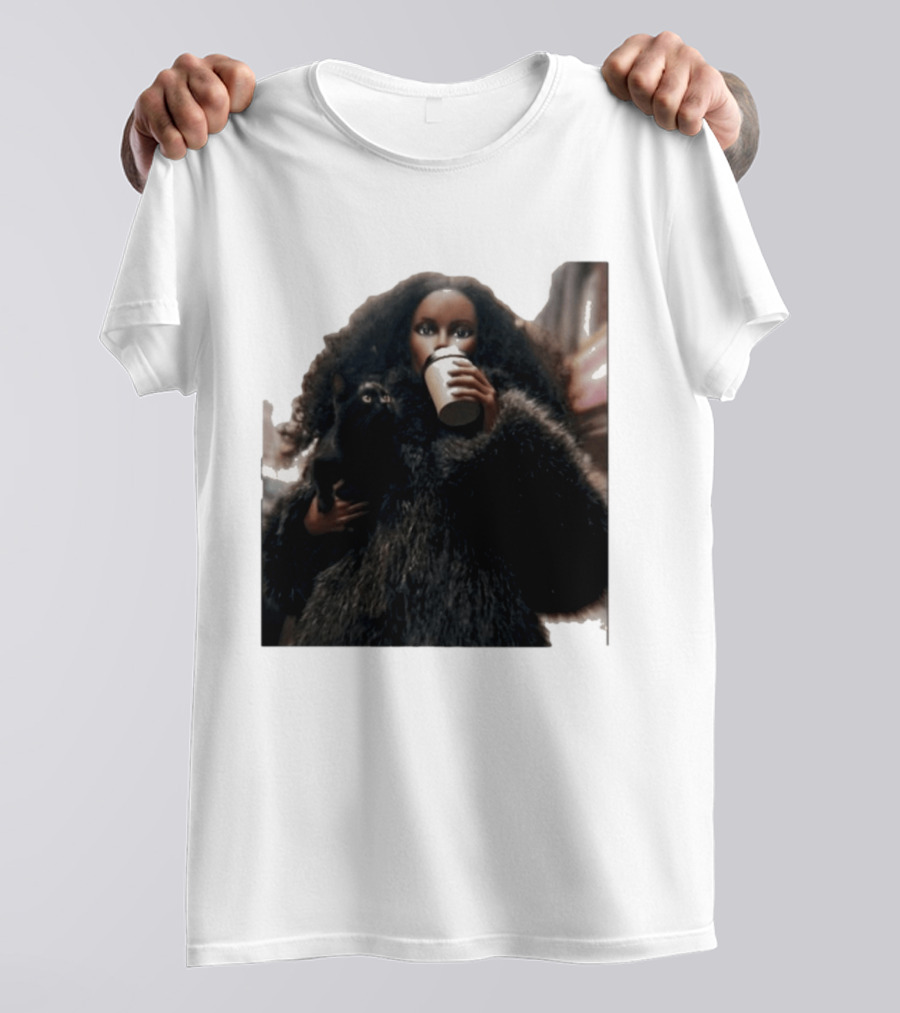 Diana's Cat Club Fashionable Coffee Moment With Furry Coat And Black Cat T-Shirt