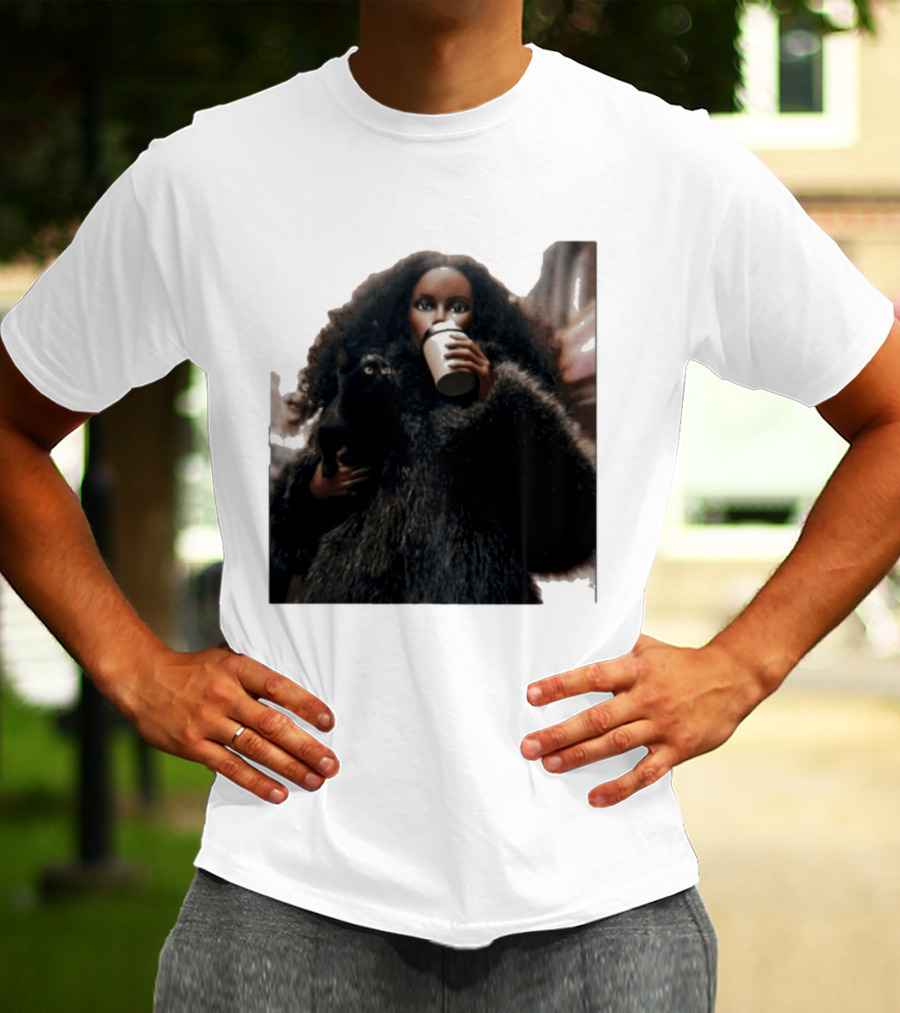 Diana's Cat Club Fashionable Coffee Moment With Furry Coat And Black Cat T-Shirt