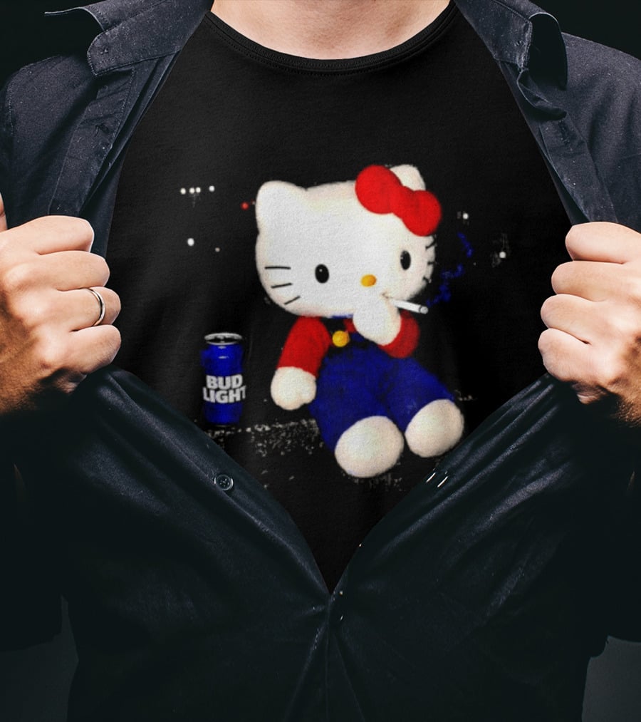Hello Kitty With Smoking And Bud Light Can T-Shirt