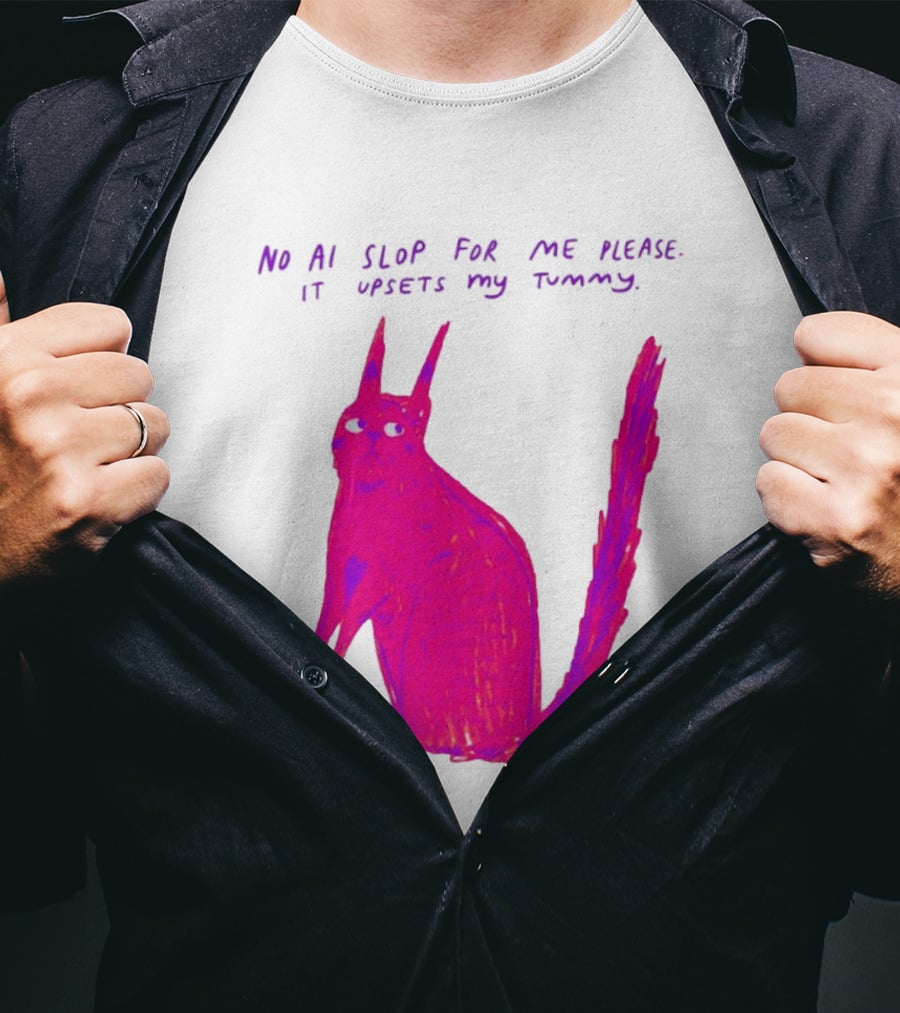 No AI Slop For Me Please It Upsets My Tummy Pink Cat T-Shirt