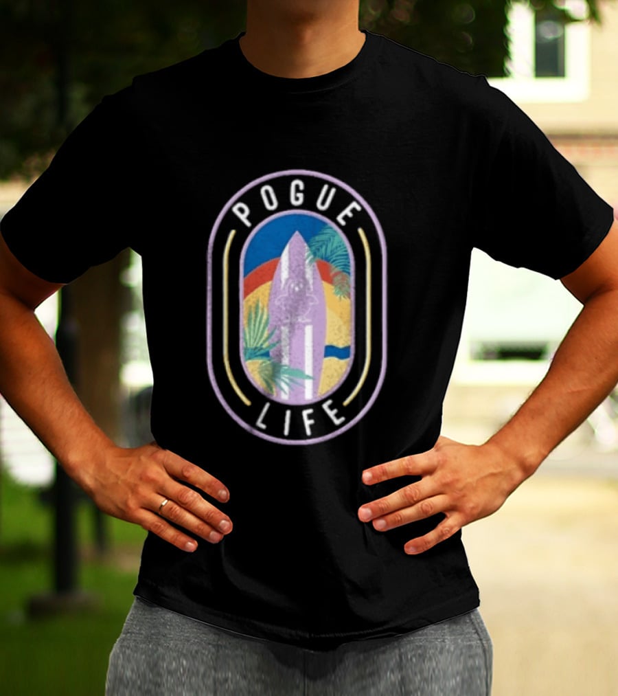 Pogue Life Surfboard And Palm Tree Colorful Tropical T-Shirt